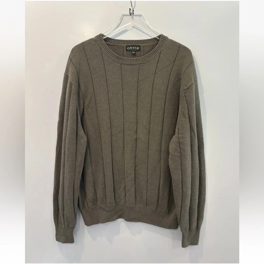Orvis Olive Green Ribbed Knit Cotton Crewneck Sweater Mens Size Large (1349)